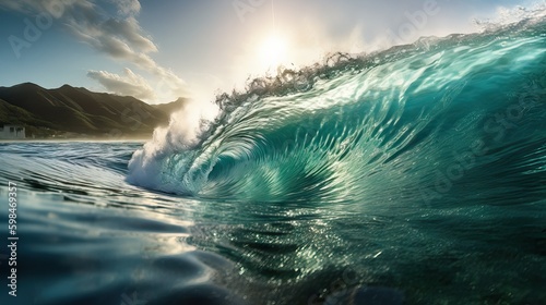 Sunlit ocean wave, evoking memories of vacations, beach, and summer, generative ai