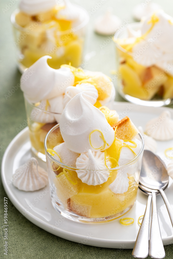 Lemon meringue and pound cake trifle in a glass Lemon meringue and pound cake trifle in a glass
