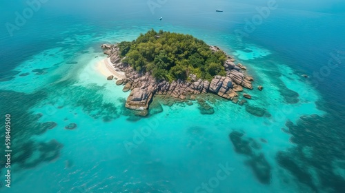 Aerial view of a paradisiacal island, stunning and idyllic, in the middle of the sea, generative ai