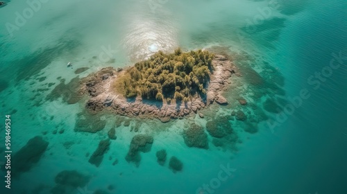 Aerial view of a paradisiacal island, stunning and idyllic, in the middle of the sea, generative ai