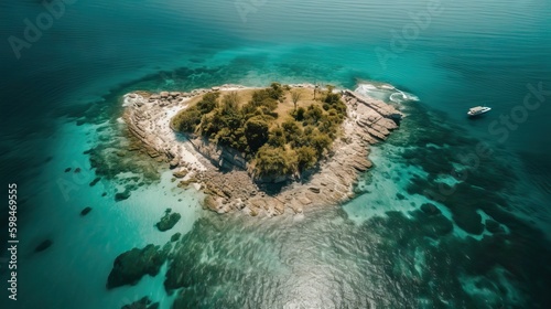 Aerial view of a paradisiacal island, stunning and idyllic, in the middle of the sea, generative ai © Sebastián Hernández