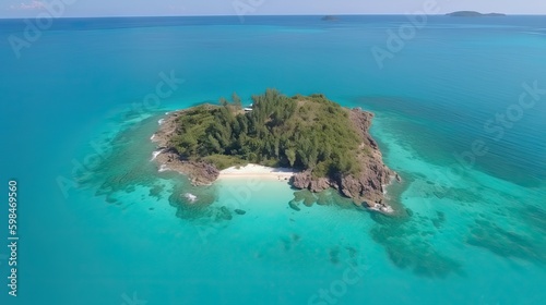 Aerial view of a paradisiacal island, stunning and idyllic, in the middle of the sea, generative ai