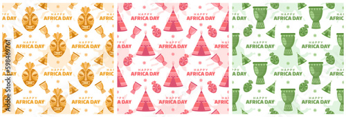 Set of Happy Africa Day Seamless Pattern Design with Culture African Tribal Figures Decoration in Template Hand Drawn Cartoon Flat Illustration