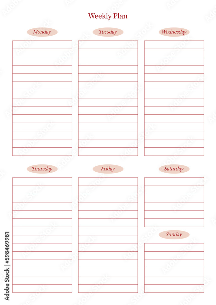 A weekly plan design template in a modern, simple, and minimalist style. Note, scheduler, diary, calendar, planner document template illustration. A weekly plan design template in a modern, simple, and minimalist style. Note, scheduler, diary, calendar, planner document template illustration.