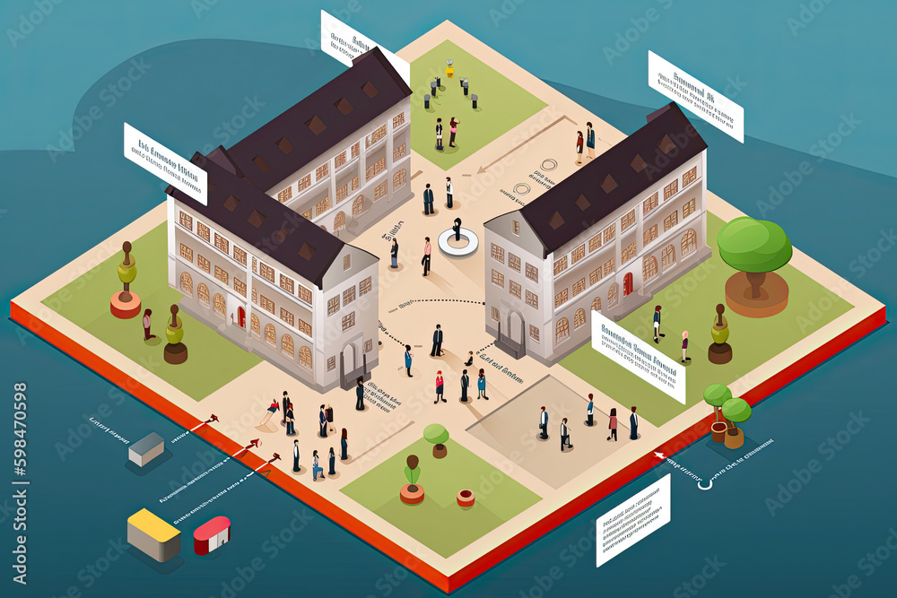 School isometric vector minimalistic isolated illustration with people figures. Generative AI. School isometric vector minimalistic isolated illustration with people figures. Generative AI.