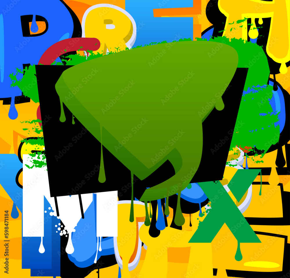 Fototapeta premium Green Speech Bubble Graffiti with abstract elements Background. Urban painting style backdrop. Discussion symbol in modern dirty street art decoration.