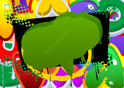 Green Speech Bubble Graffiti with abstract elements Background. Urban painting style backdrop. Discussion symbol in modern dirty street art decoration.