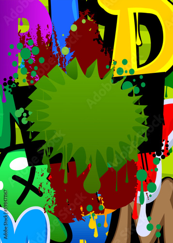 Green Speech Bubble Graffiti with abstract elements Background. Urban painting style backdrop. Discussion symbol in modern dirty street art decoration.