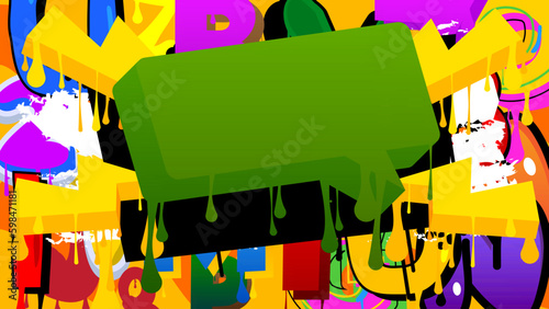 Green Speech Bubble Graffiti with abstract elements Background. Urban painting style backdrop. Discussion symbol in modern dirty street art decoration.