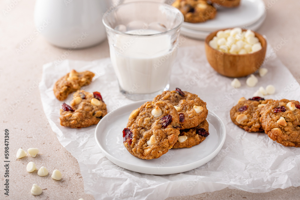 White chocolate and cranberry cookies on a white plate White chocolate and cranberry cookies on a white plate