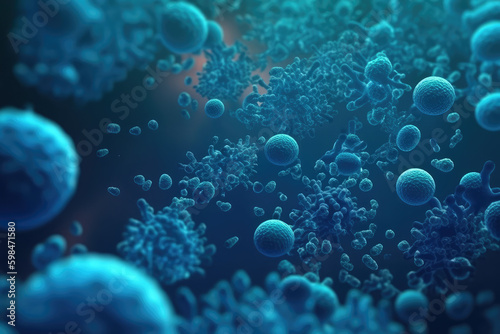 Bacterial colony Bacteria Blue color Microbes. Concept of science and medicine banner, generative AI