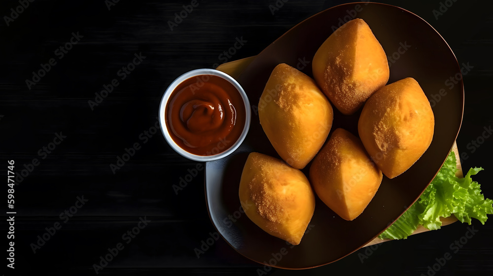 traditional fried coxinha on a white plate, dark background with copy space, - brazilian snack top view, generative ai
