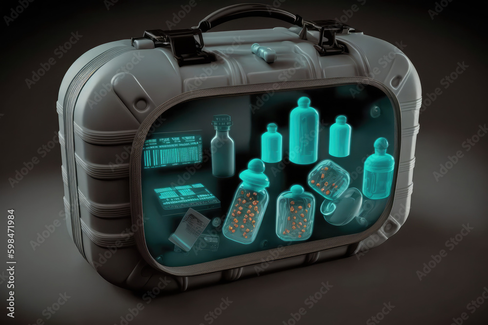 Security x ray scan of bag with smuggling capsules drugs in airport
