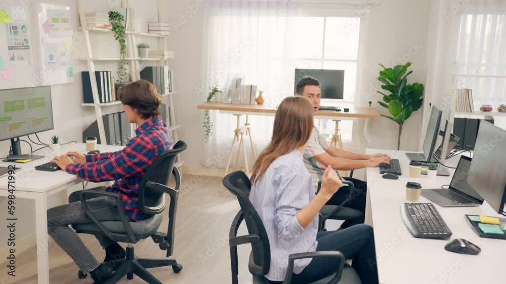 Caucasian businessman and woman check sale order on computer together. Caucasian businessman and woman check sale order on computer together.