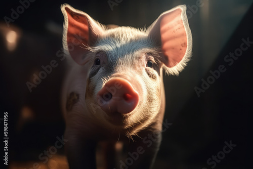 Portrait piglet with sunlight. Pigs livestock farm. Agriculture industry swine banner, generative AI © Kien