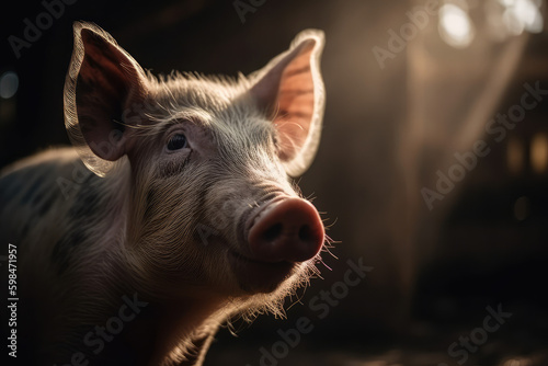 Portrait piglet with sunlight. Pigs livestock farm. Agriculture industry swine banner, generative AI