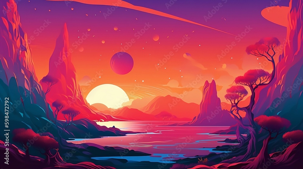 A colorful illustration of a river with a sunset and a planet. Created with Generative AI tools. A colorful illustration of a river with a sunset and a planet. Created with Generative AI tools.