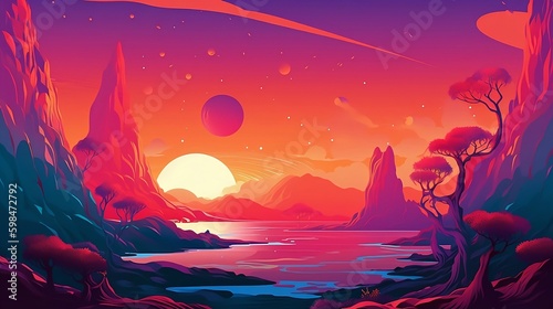A colorful illustration of a river with a sunset and a planet. Created with Generative AI tools.