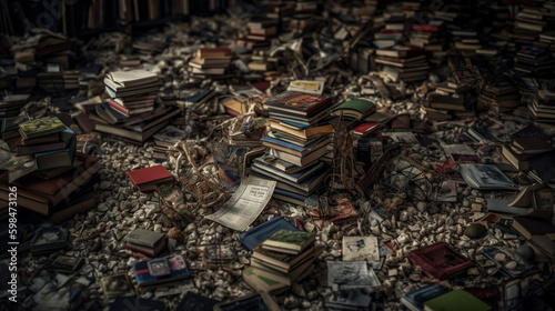 scattered books. Generative AI © Putrasatria