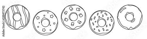 Set of different donuts doodle outline black and white vector illustration