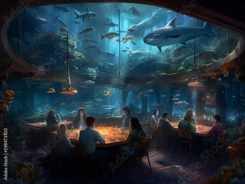 People eating in a fancy seafood restaurant with candles on the tables. They are surrounded by a round glass acquarium wall with colorful coral, seaweed, fish, and sharks swimming in the aquarium. photo