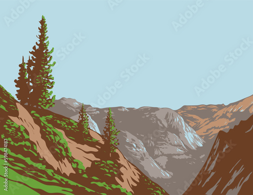 WPA poster art of Tenaya Canyon viewed from Glacier Point at the eastern end of Yosemite Valley in Yosemite National Park, California USA done in works project administration or Art Deco style.