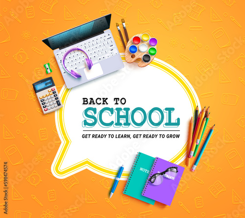 Back to school text vector template. Back to school in empty speech bubble space with educational elements design. Vector illustration in yellow background. 