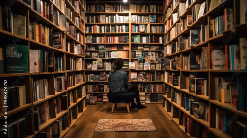 person enjoying a book at a cozy bookstore or library, generative ai