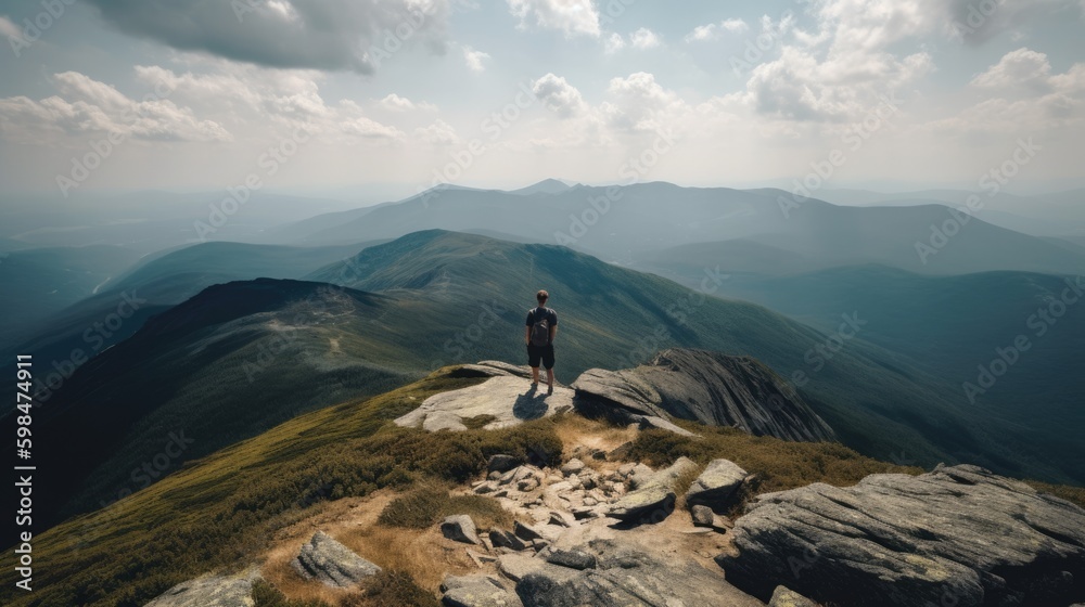 person enjoying a scenic view from a mountain summit, generative ai