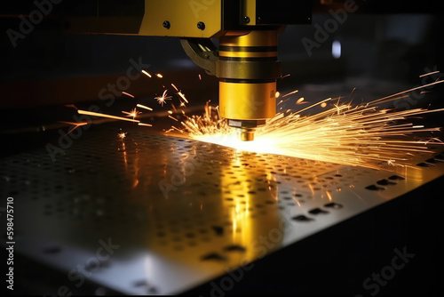 Laser CNC yellow color cut of metal with spark light. Concept technology modern industrial, generative AI