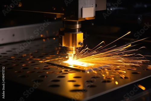 Laser CNC yellow color cut of metal with spark light. Concept technology modern industrial, generative AI