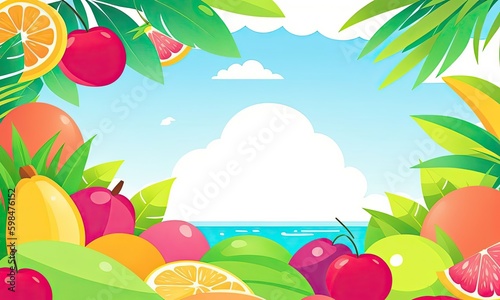 Tropical fruits and palm-trees background  generative Ai