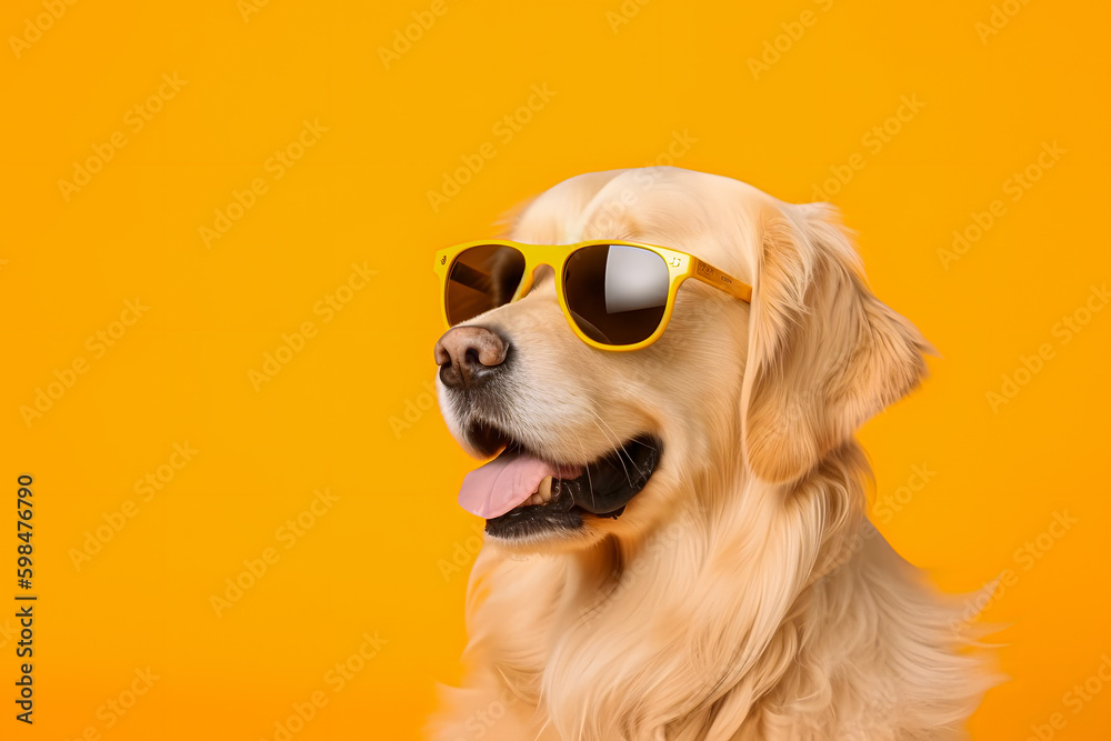 Happy Cute Golden Retriever Pet Dog with sunglasses Sitting inside studio with isolated yellow background, Adorable Cute Puppy in Happy mode	