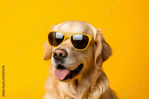 Happy Cute Golden Retriever Pet Dog with sunglasses Sitting inside studio with isolated yellow background, Adorable Cute Puppy in Happy mode © Fahad