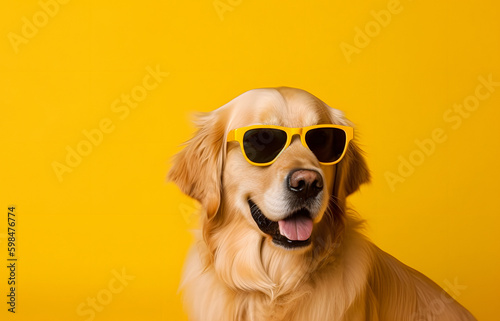 Happy Cute Golden Retriever Pet Dog with sunglasses Sitting inside studio with isolated yellow background, Adorable Cute Puppy in Happy mode