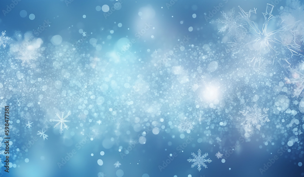 Abstract illustration of Christmas snowflakes and spots of bokeh light against a blue background