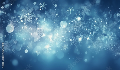 Abstract illustration of Christmas snowflakes and spots of bokeh light against a blue background