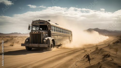 Highly customized rusty bus rushes through the desert. Generative AI