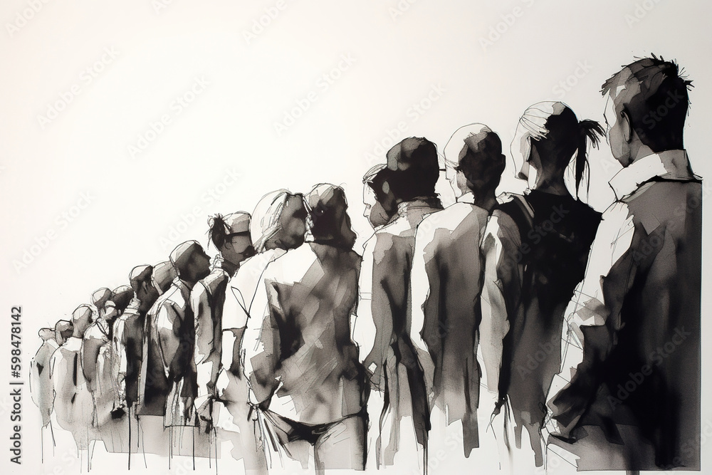 Silhouettes of an abstract people standing in a row. Charcoal drawing, generative art