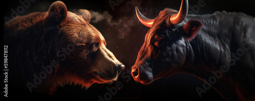 Majestic brown bear and black bull face to face. Surrounded by fire and smoke, isolated on black background. Generated by Ai