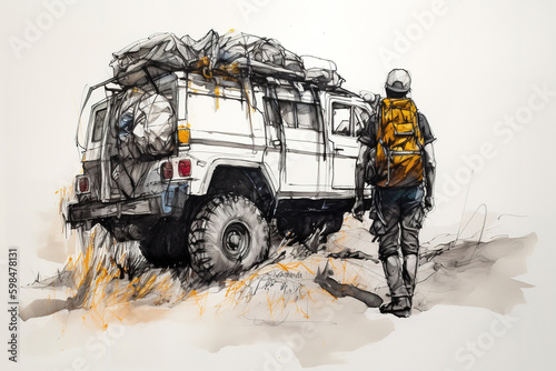 Overland off-road vehicle and an explorer person. Sketch charcoal drawing with accents colors, generative art