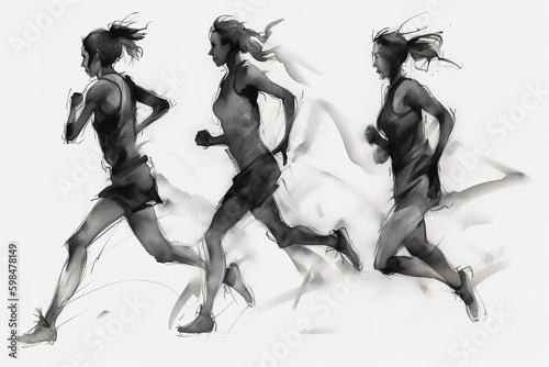 Silhouettes of the women runners. Charcoal drawing, generative art © Cheport