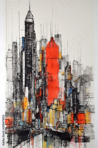 An abstract skyscrapers, sketch drawing with accents colours, generative art