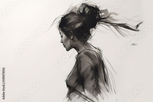 Beautiful woman, charcoal drawn side view portrait An abstract urban sketch. Generative art