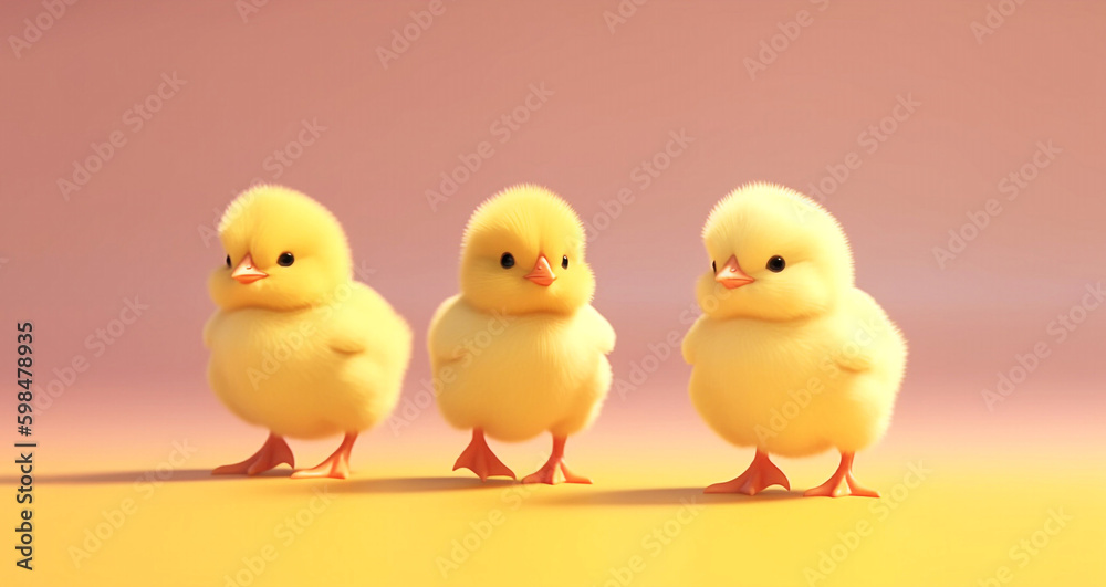 3d style chracter of 3 cute baby chicks