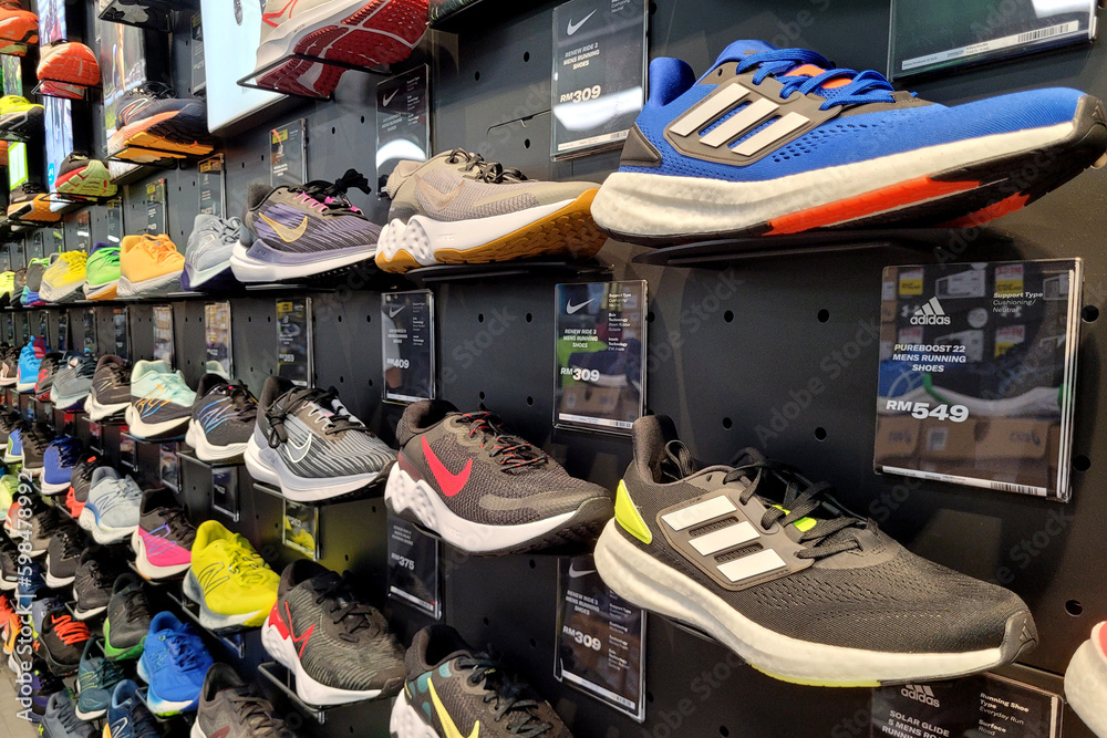 PENANG, MALAYSIA 28 APR 2023 Various trendy sport shoe brands are