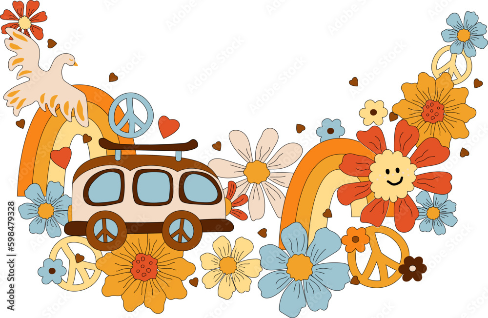 Border with daisy flowers, retro car and rainbow. Groovy vibes. Vector illustration isolated on background. Flat style design element for poster, banner, party invitation.