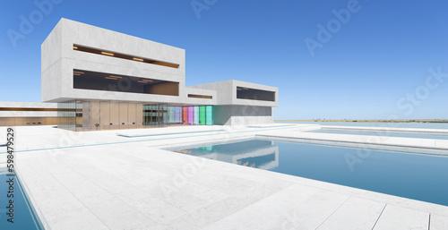 3D Modern architecture with a pond