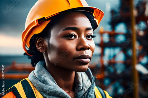 Portrait of the female oil worker in an orange vest a white construction helmet, sea oil rig background. Generative AI