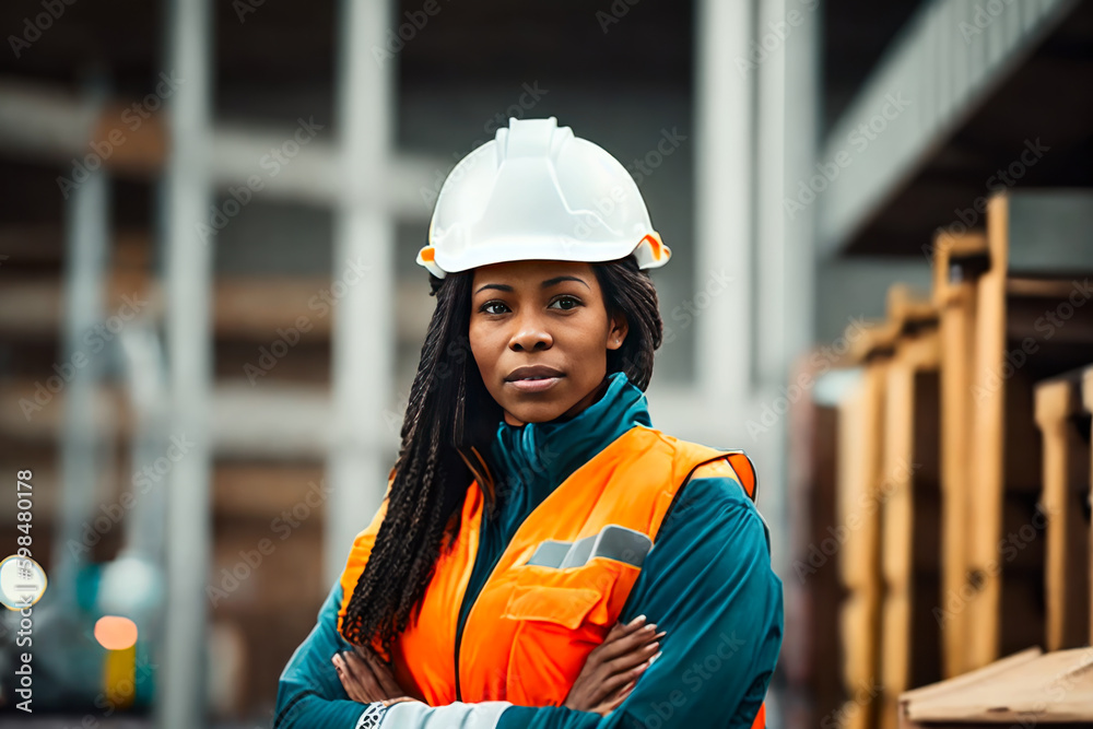 Portrait of the female factory worker in an orange vest, building construction background. Generative AI Portrait of the female factory worker in an orange vest, building construction background. Generative AI